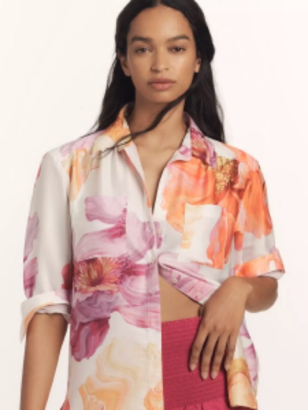 ANTHROPOLOGIE Si Floral Print Button-Up Shirt - Pink & Orange